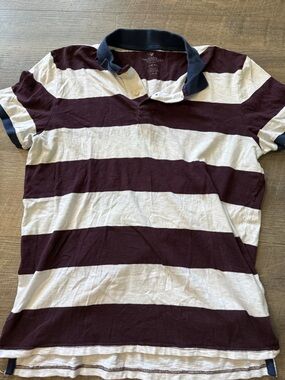American Eagle Outfitters Burgundy and Navy Striped Polo